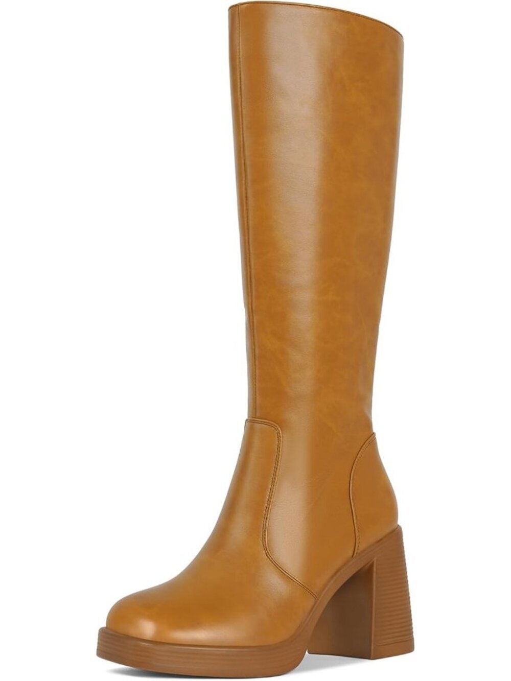Women's Brown Leather Platform Side Zip Square Toe Chunky Block Heeled Boot